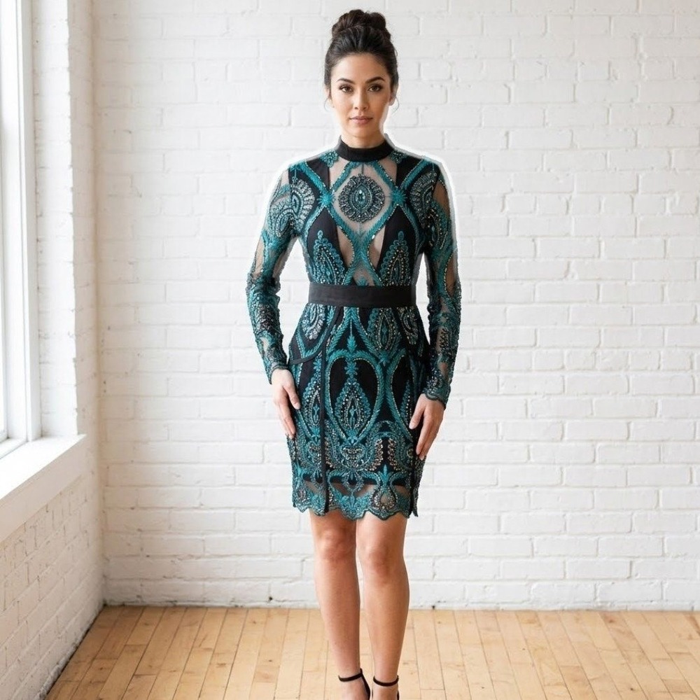 Sequin Mesh Mini Dress Womens Large Teal Black Cocktail Event Grad Formal Glam‎